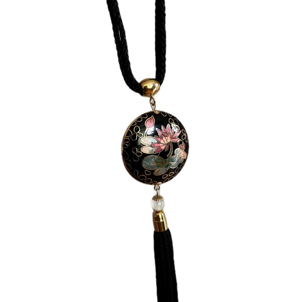 RARE Vintage Cloisonne Enamel Pendant Necklace with Tassle Black Long Style